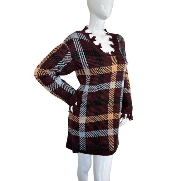 Entro gorgeous burgundy sweater top fringe unique plaid striped lovely pattern M - Picture 8 of 15